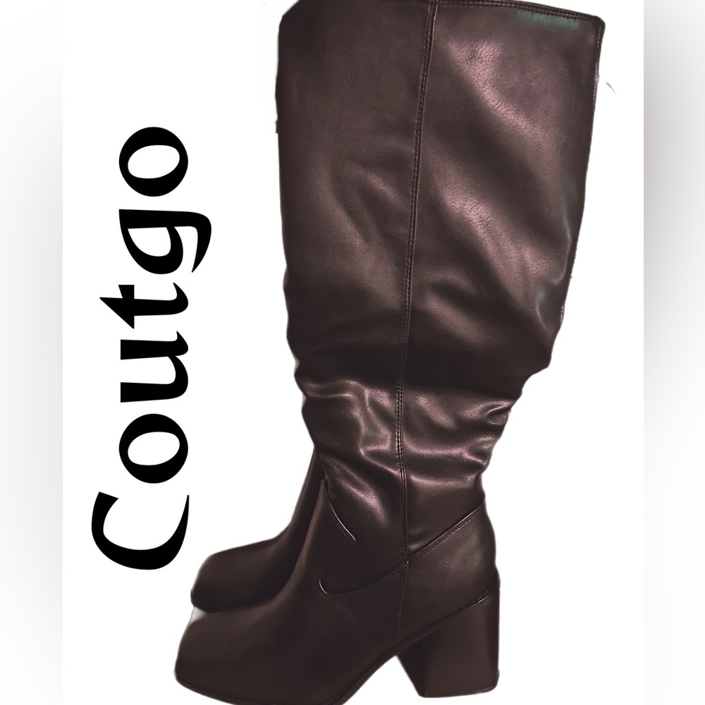 Coutgo New Black Women’s Knee-High Block Heel Square Toe Boots Size:7 - Picture 6 of 10